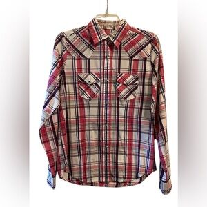 Wired Heart Western Rhinestone Snap Pink White Purple Gray Plaid Women’s Medium